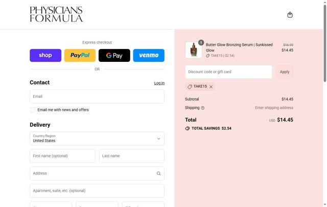 Physicians Formula checkout page showing Physicians Formula promo code box | Screenshot taken by SimplyCodes community member on Sep 1, 2025