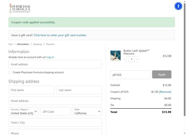 Physicians Formula checkout page showing Physicians Formula promo code box | Screenshot taken by SimplyCodes community member on Jul 10, 2025