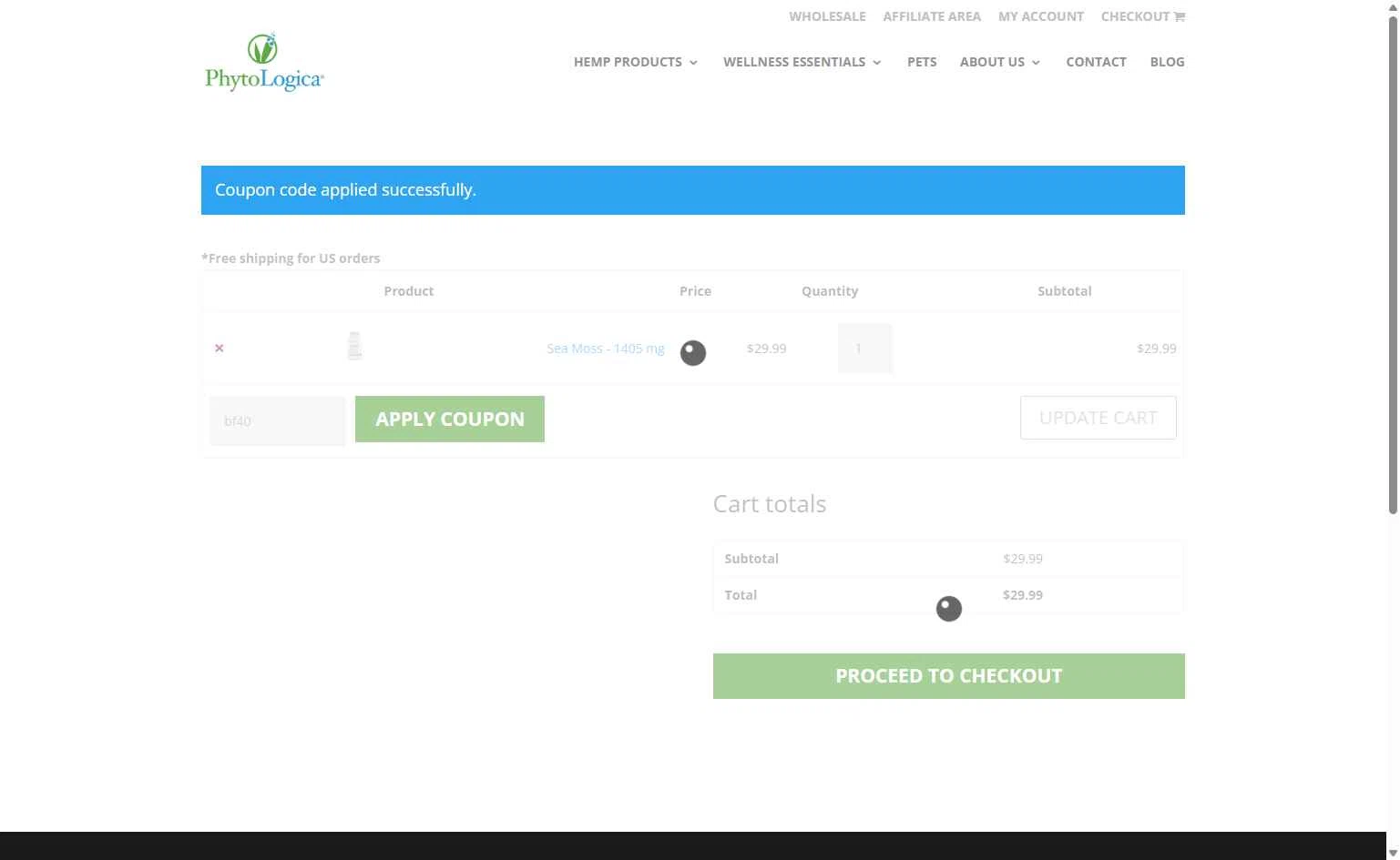 PhytoLogica checkout page showing PhytoLogica promo code box | Screenshot taken by SimplyCodes community member on Dec 28, 2025