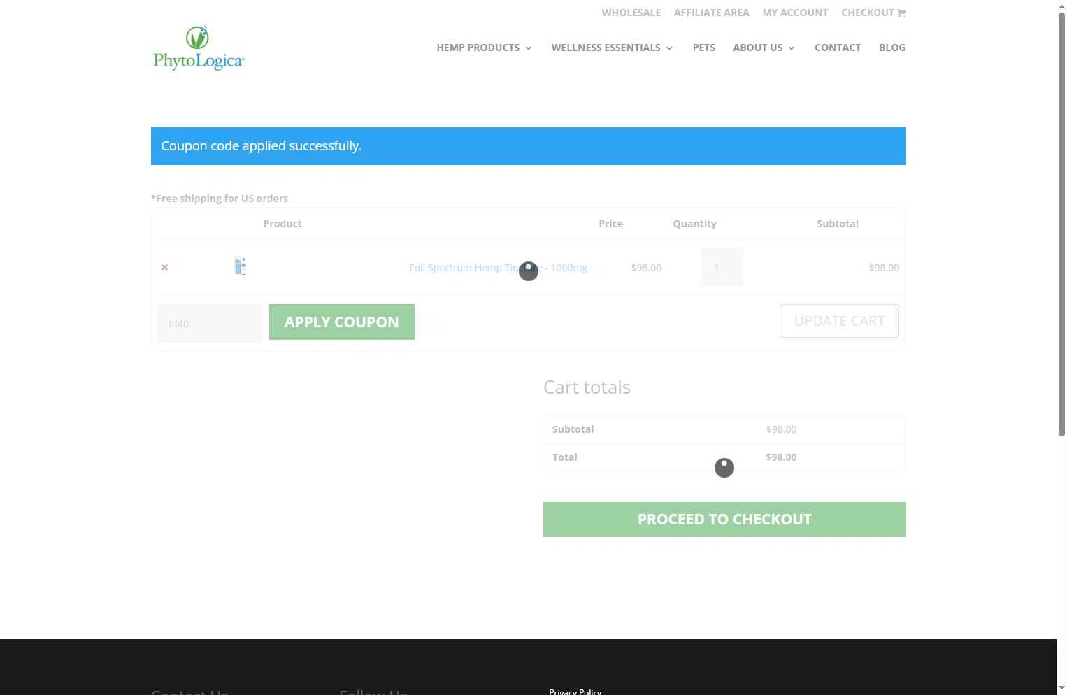 PhytoLogica checkout page showing PhytoLogica promo code box | Screenshot taken by SimplyCodes community member on Dec 10, 2025