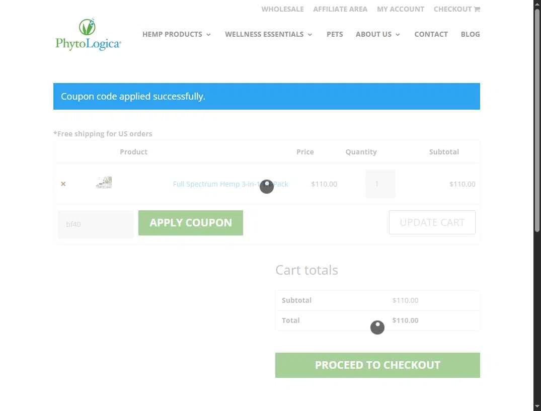 PhytoLogica checkout page showing PhytoLogica promo code box | Screenshot taken by SimplyCodes community member on Jan 3, 2026