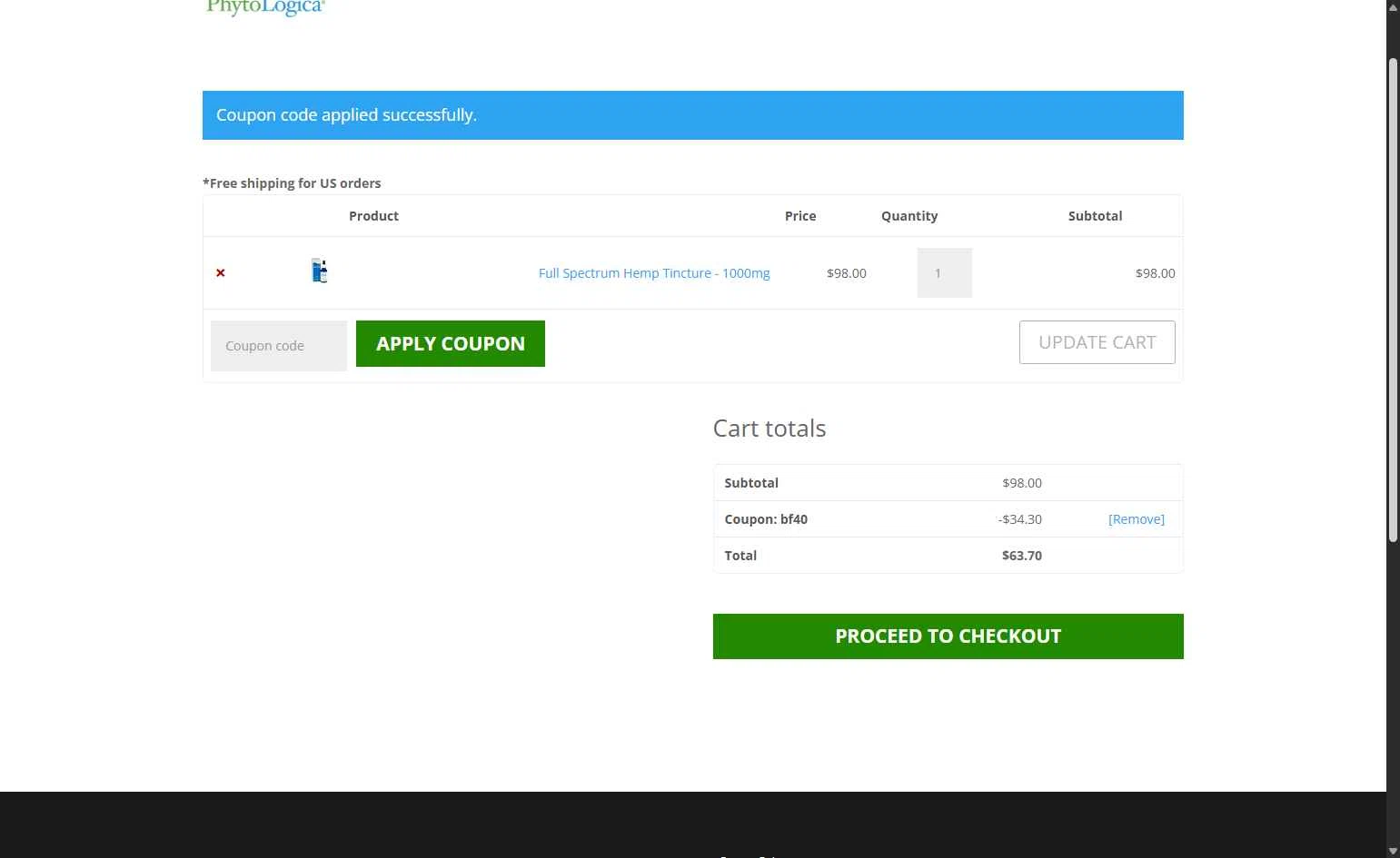 PhytoLogica checkout page showing PhytoLogica promo code box | Screenshot taken by SimplyCodes community member on Dec 4, 2025