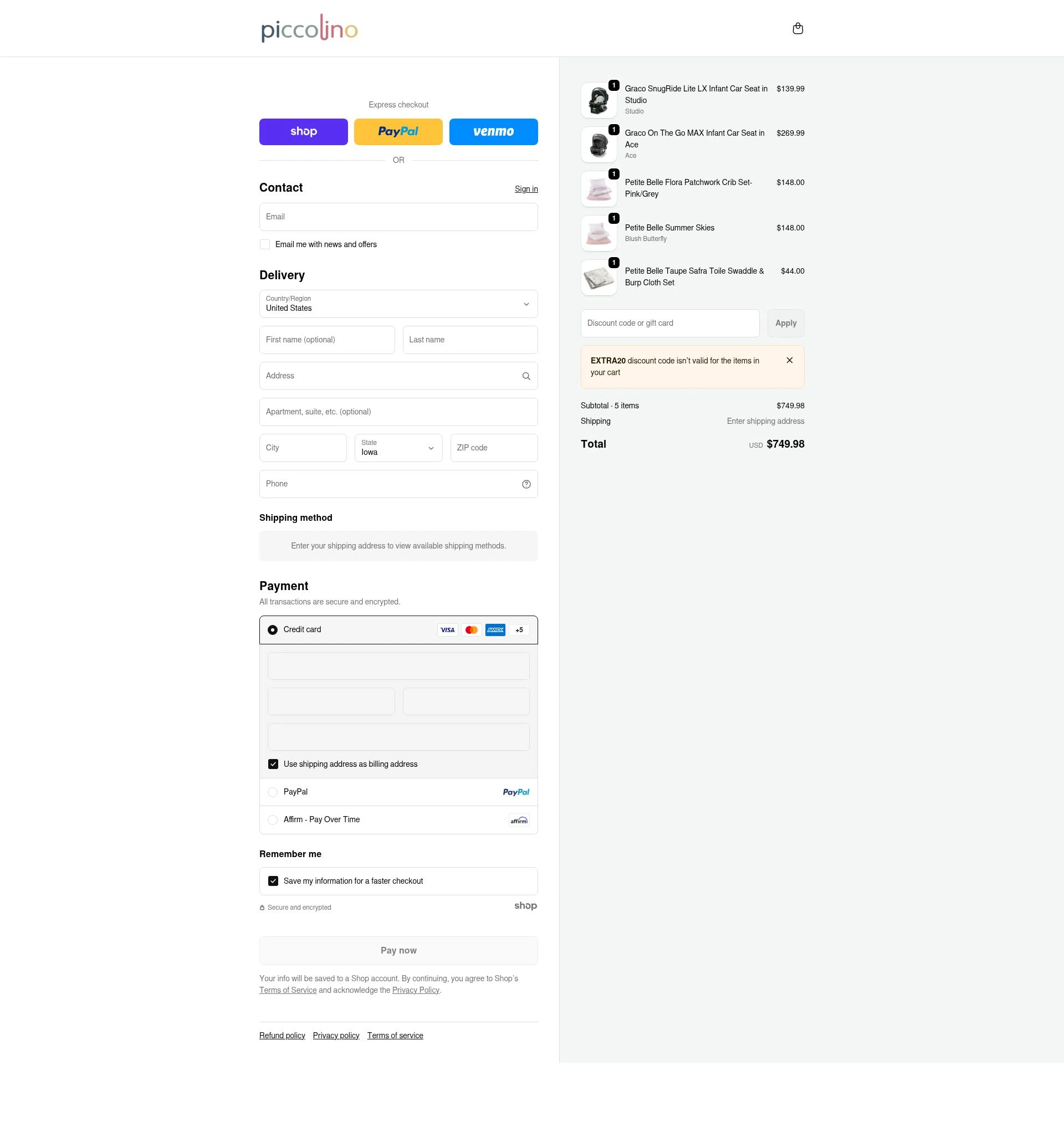 PiccolinoBaby checkout page showing PiccolinoBaby discount code box | Screenshot taken by SimplyCodes community member on Jan 22, 2026