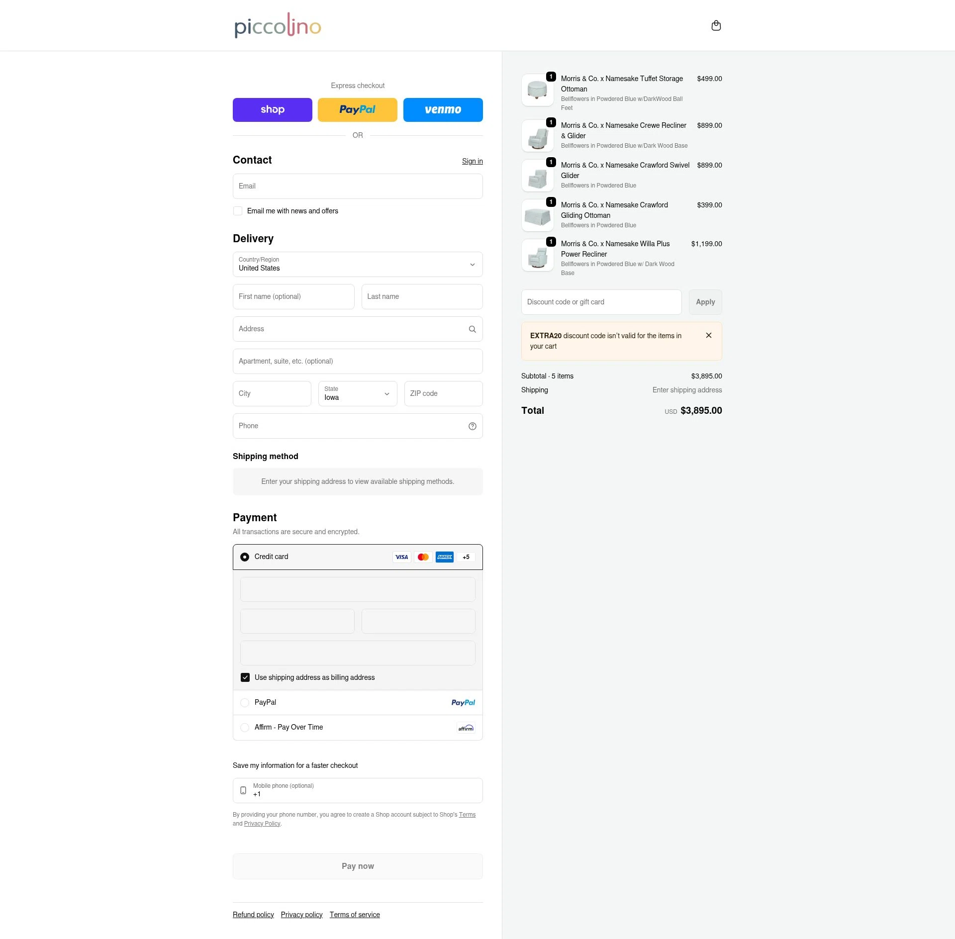 PiccolinoBaby checkout page showing PiccolinoBaby discount code box | Screenshot taken by SimplyCodes community member on Feb 4, 2026