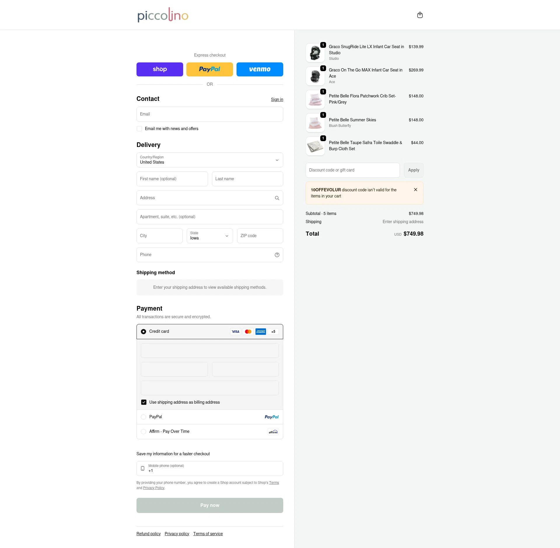 PiccolinoBaby checkout page showing PiccolinoBaby discount code box | Screenshot taken by SimplyCodes community member on Jan 17, 2026