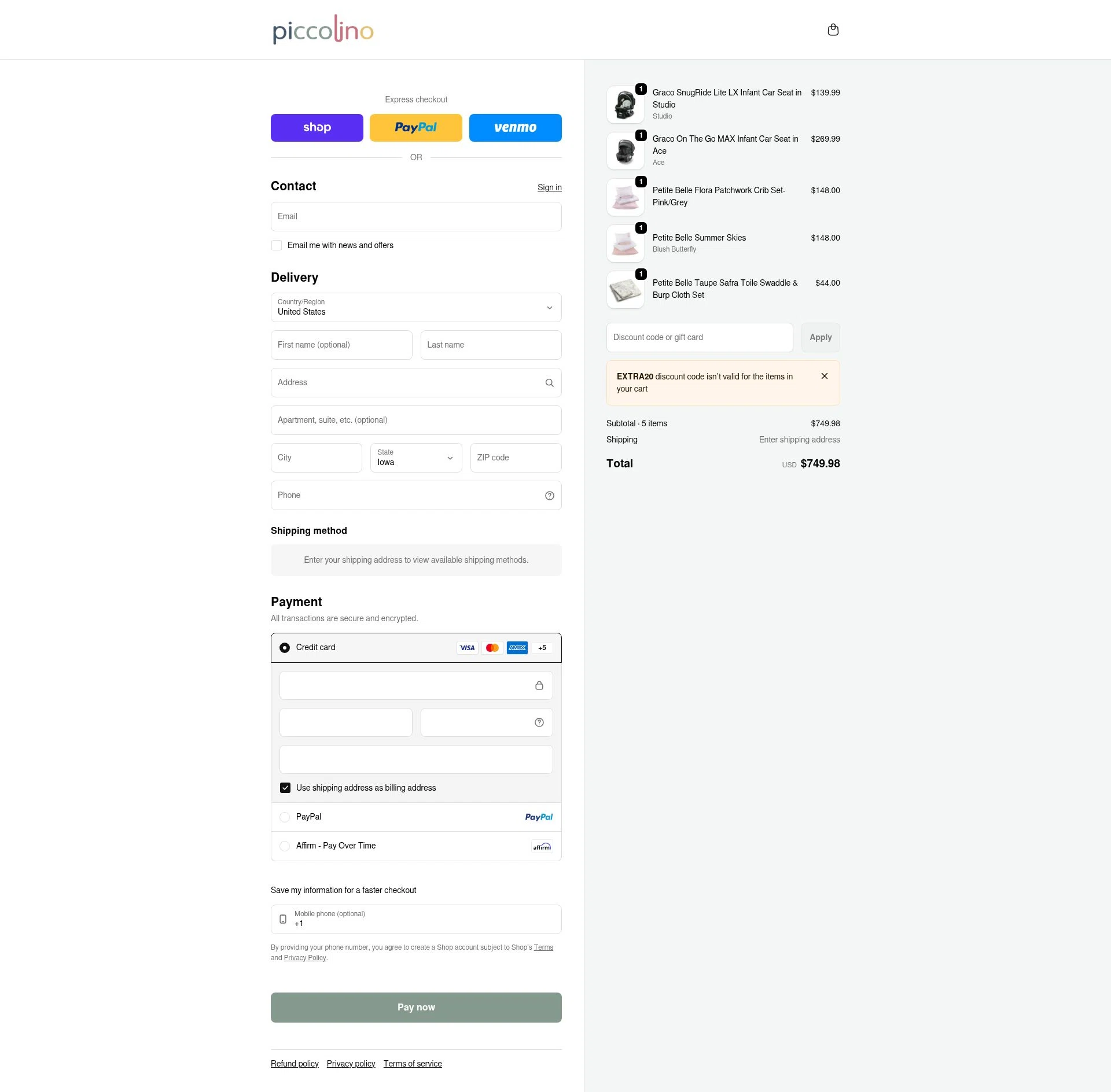 PiccolinoBaby checkout page showing PiccolinoBaby discount code box | Screenshot taken by SimplyCodes community member on Jan 31, 2026