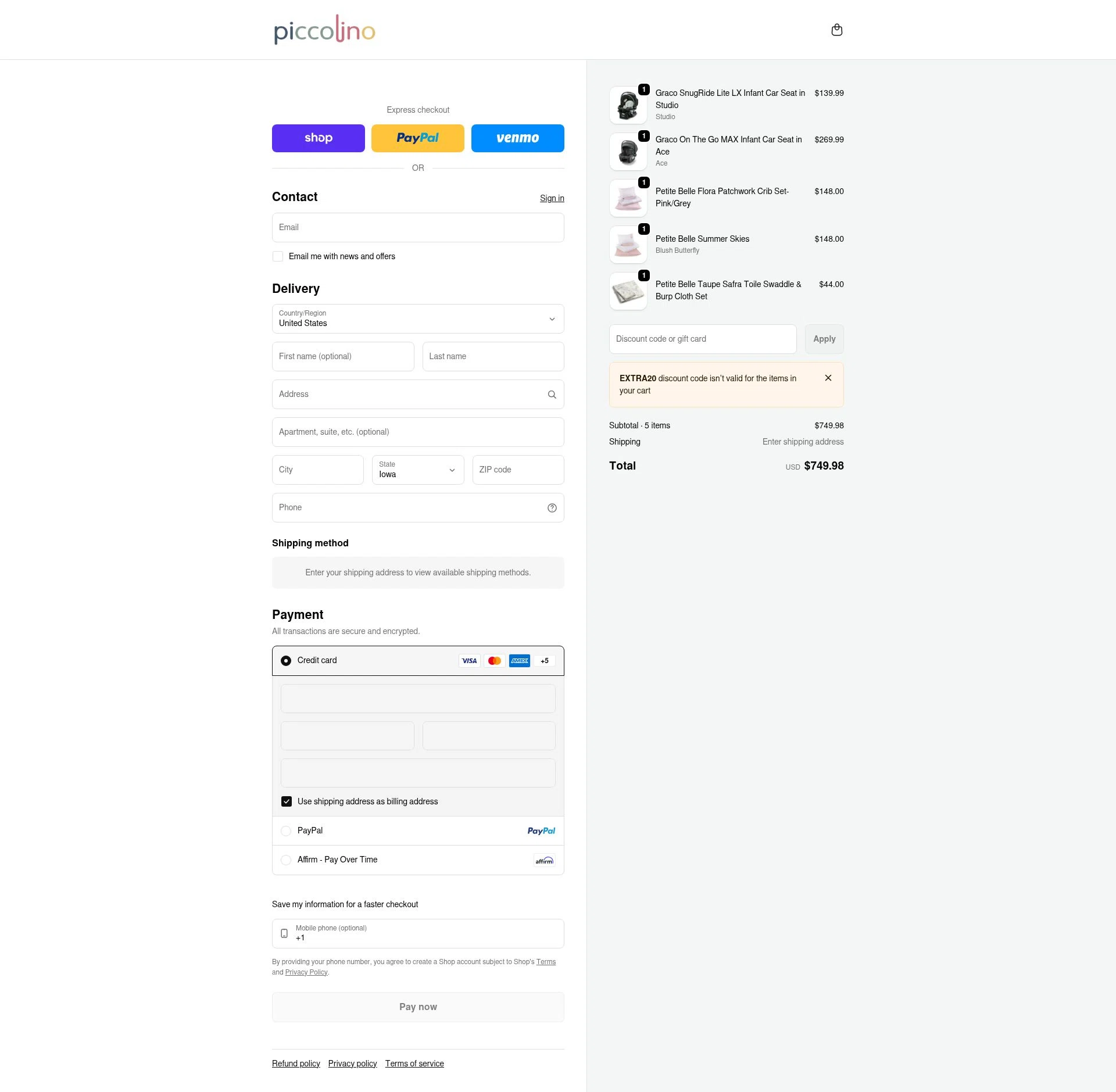 PiccolinoBaby checkout page showing PiccolinoBaby discount code box | Screenshot taken by SimplyCodes community member on Jan 17, 2026