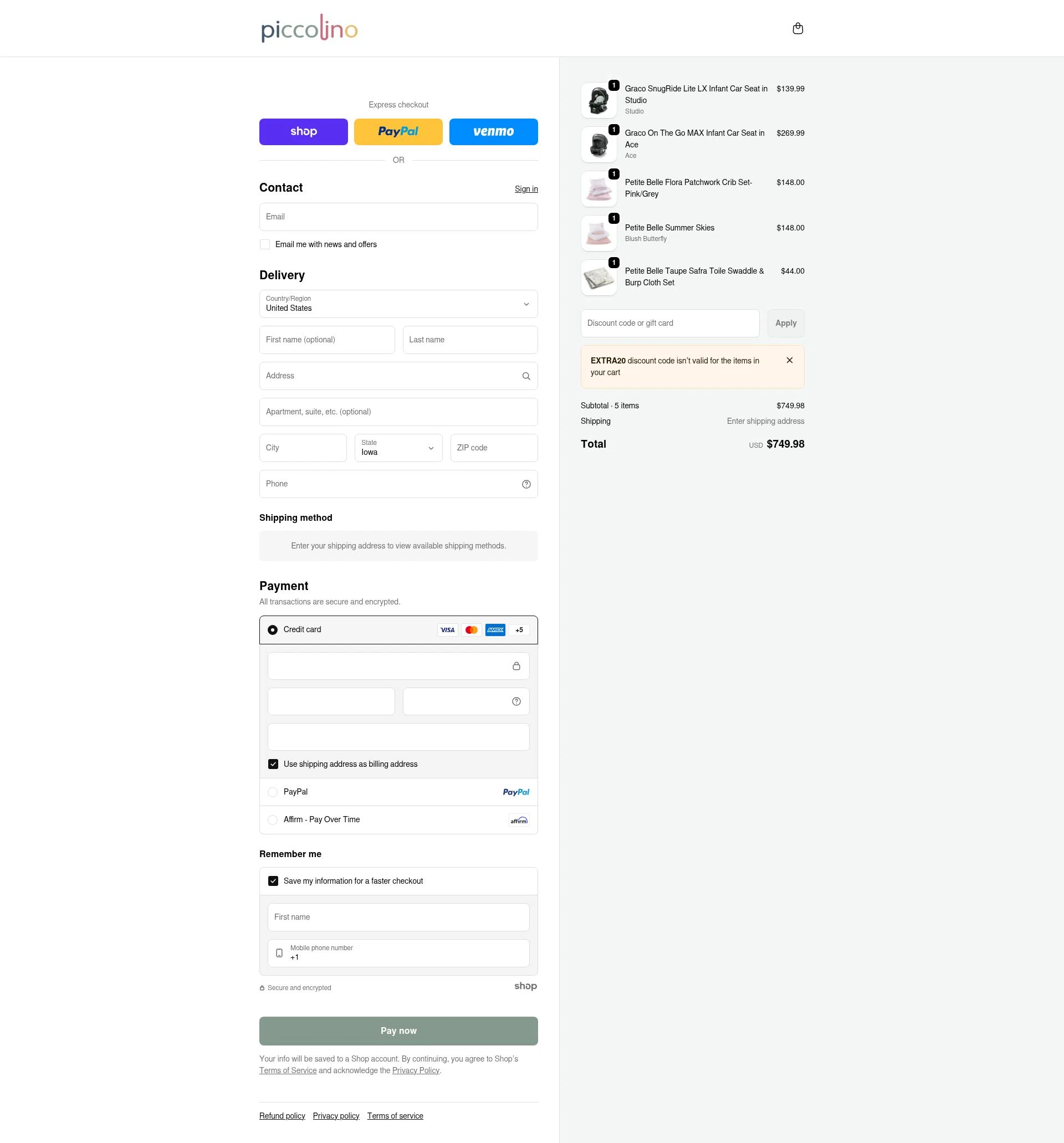 PiccolinoBaby checkout page showing PiccolinoBaby discount code box | Screenshot taken by SimplyCodes community member on Jan 26, 2026