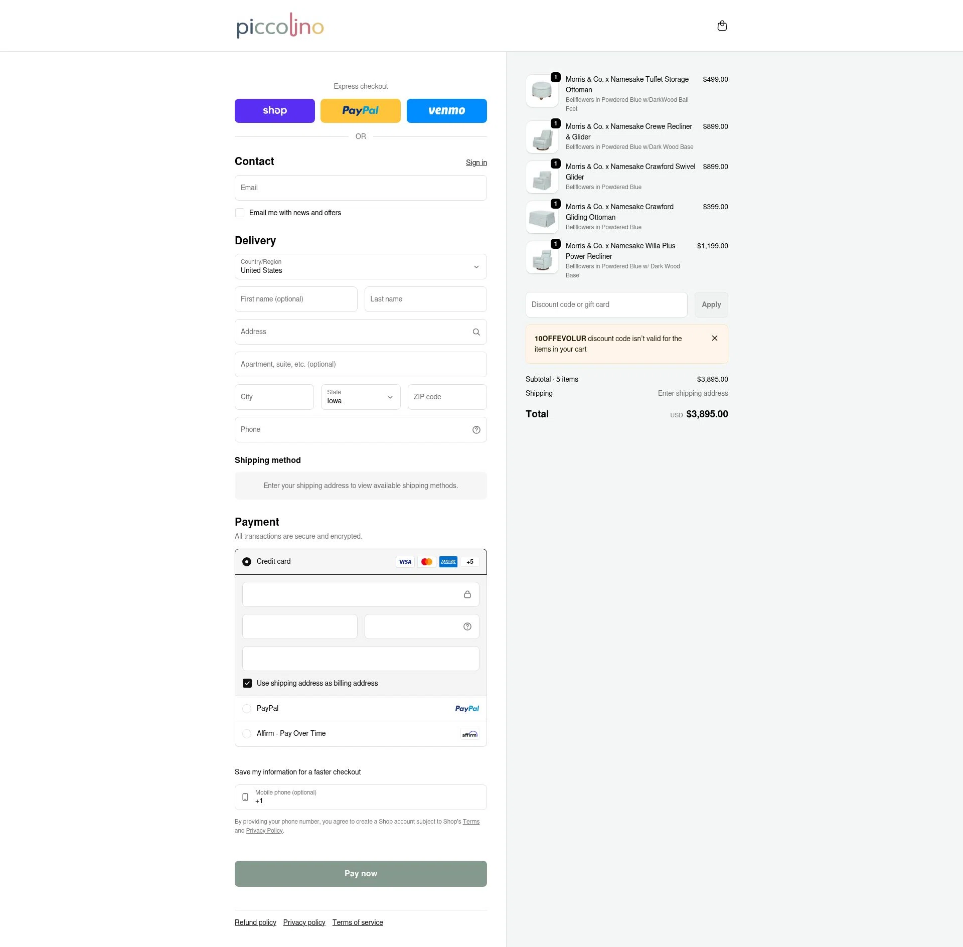 PiccolinoBaby checkout page showing PiccolinoBaby discount code box | Screenshot taken by SimplyCodes community member on Feb 4, 2026