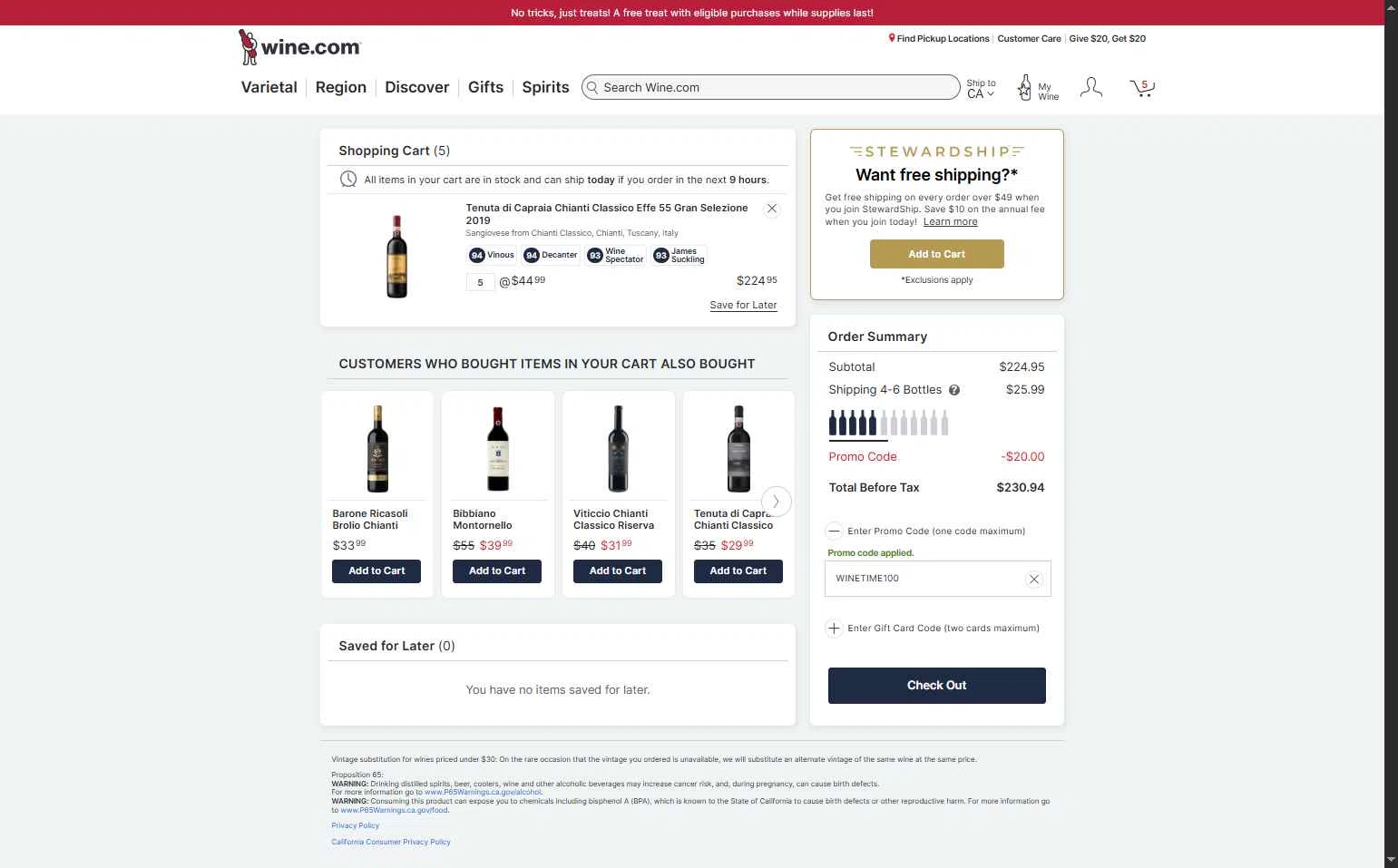Picked by Wine.com checkout page showing Picked by Wine.com promo code box | Screenshot taken by SimplyCodes community member on Oct 20, 2025