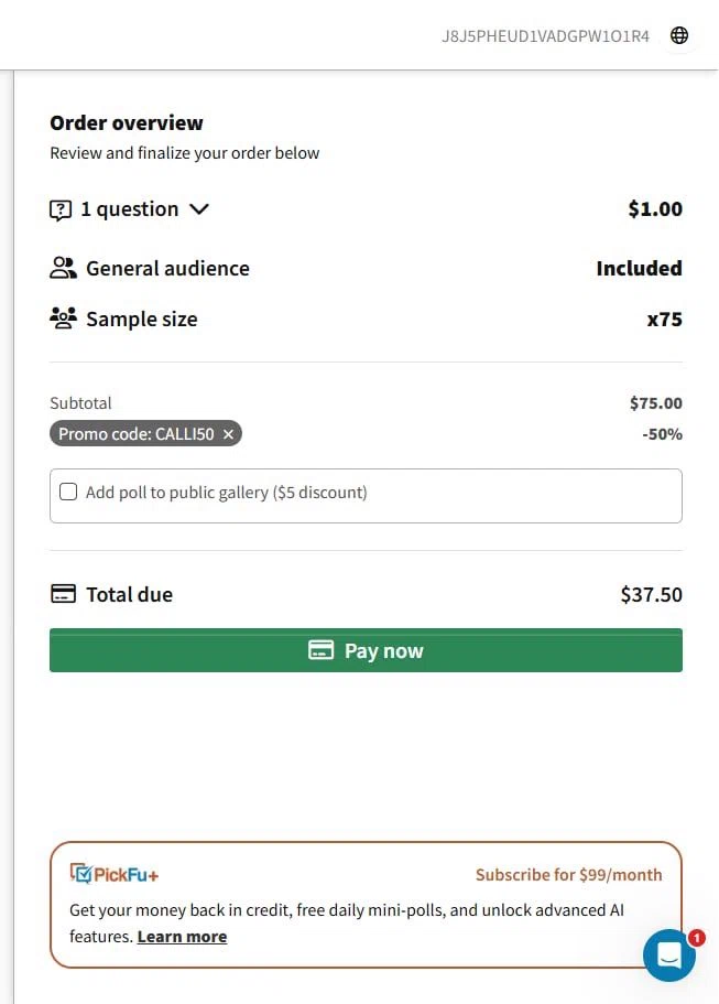 PickFu promo code screenshot showing code CALLI50 applied at PickFu checkout page. Uploaded by SimplyCodes community member QuestBoss2804 on Sep 9, 2025