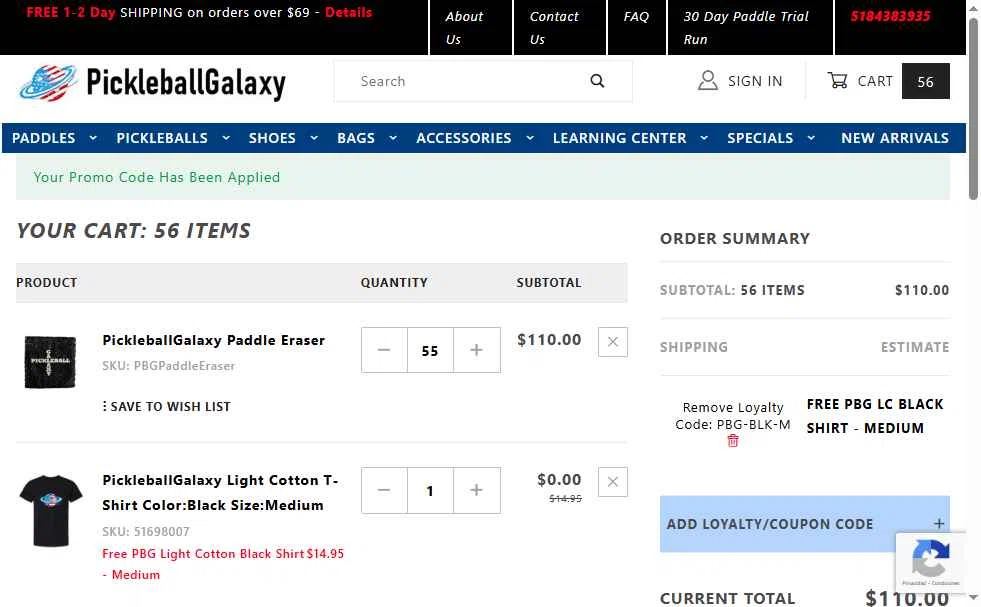 Pickleball Galaxy checkout page showing Pickleball Galaxy coupon code box | Screenshot taken by SimplyCodes community member on Feb 2, 2026
