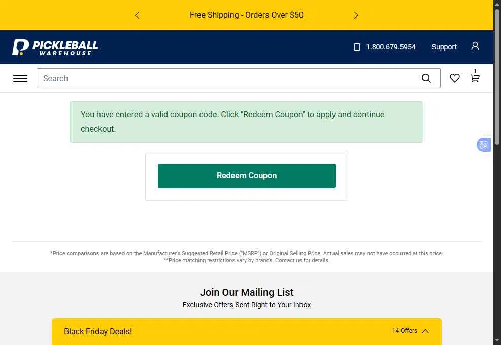 Pickleball Warehouse checkout page showing Pickleball Warehouse discount code box | Screenshot taken by SimplyCodes community member on Nov 28, 2025