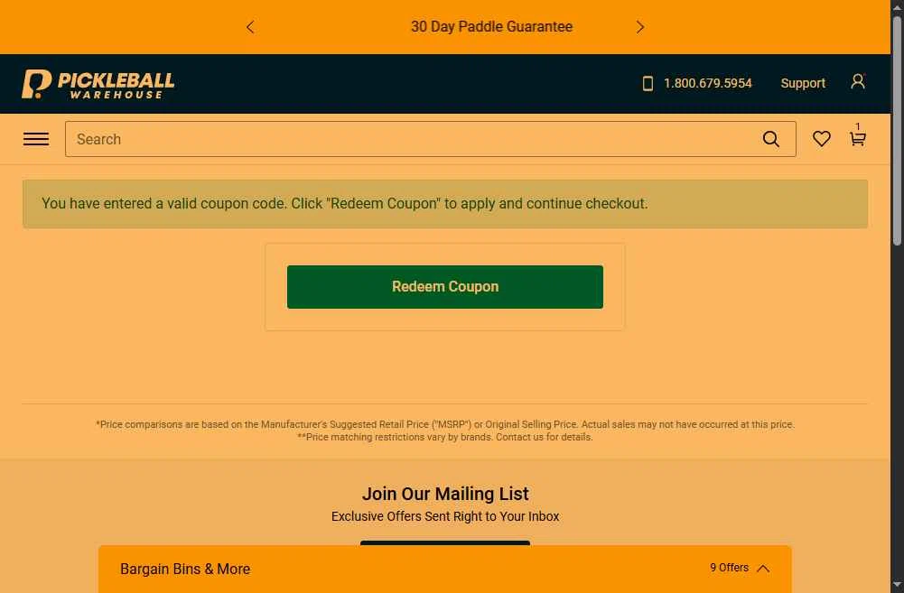 Pickleball Warehouse checkout page showing Pickleball Warehouse discount code box | Screenshot taken by SimplyCodes community member on Oct 8, 2025