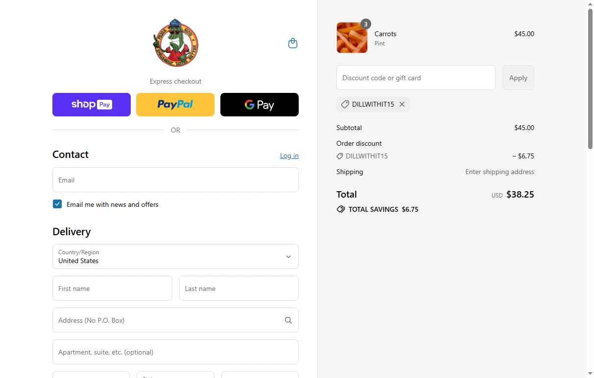 The Pickle Guys checkout page showing The Pickle Guys discount code box | Screenshot taken by SimplyCodes community member on Aug 14, 2025