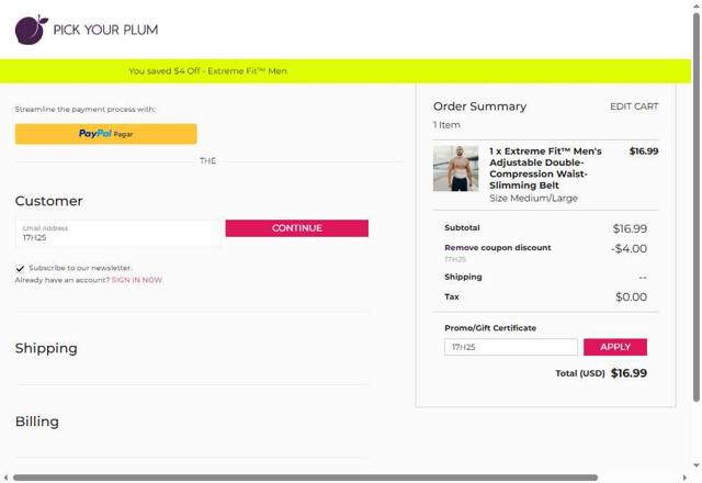 Pick Your Plum checkout page showing Pick Your Plum discount code box | Screenshot taken by SimplyCodes community member on Aug 7, 2025