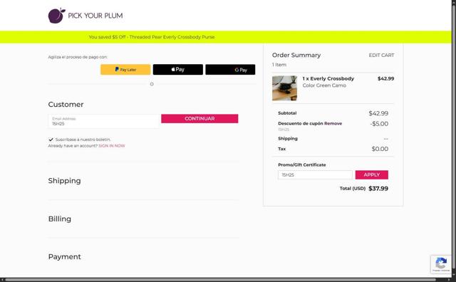 Pick Your Plum checkout page showing Pick Your Plum discount code box | Screenshot taken by SimplyCodes community member on Aug 15, 2025