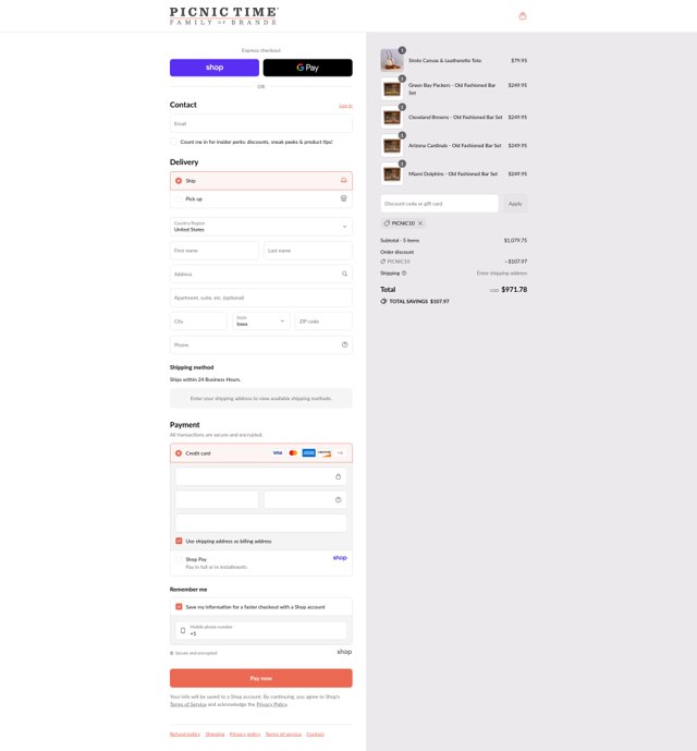 Picnic Time checkout page showing Picnic Time promo code box | Screenshot taken by SimplyCodes community member on Aug 31, 2025