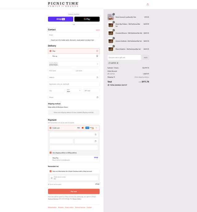 Picnic Time checkout page showing Picnic Time promo code box | Screenshot taken by SimplyCodes community member on Aug 27, 2025
