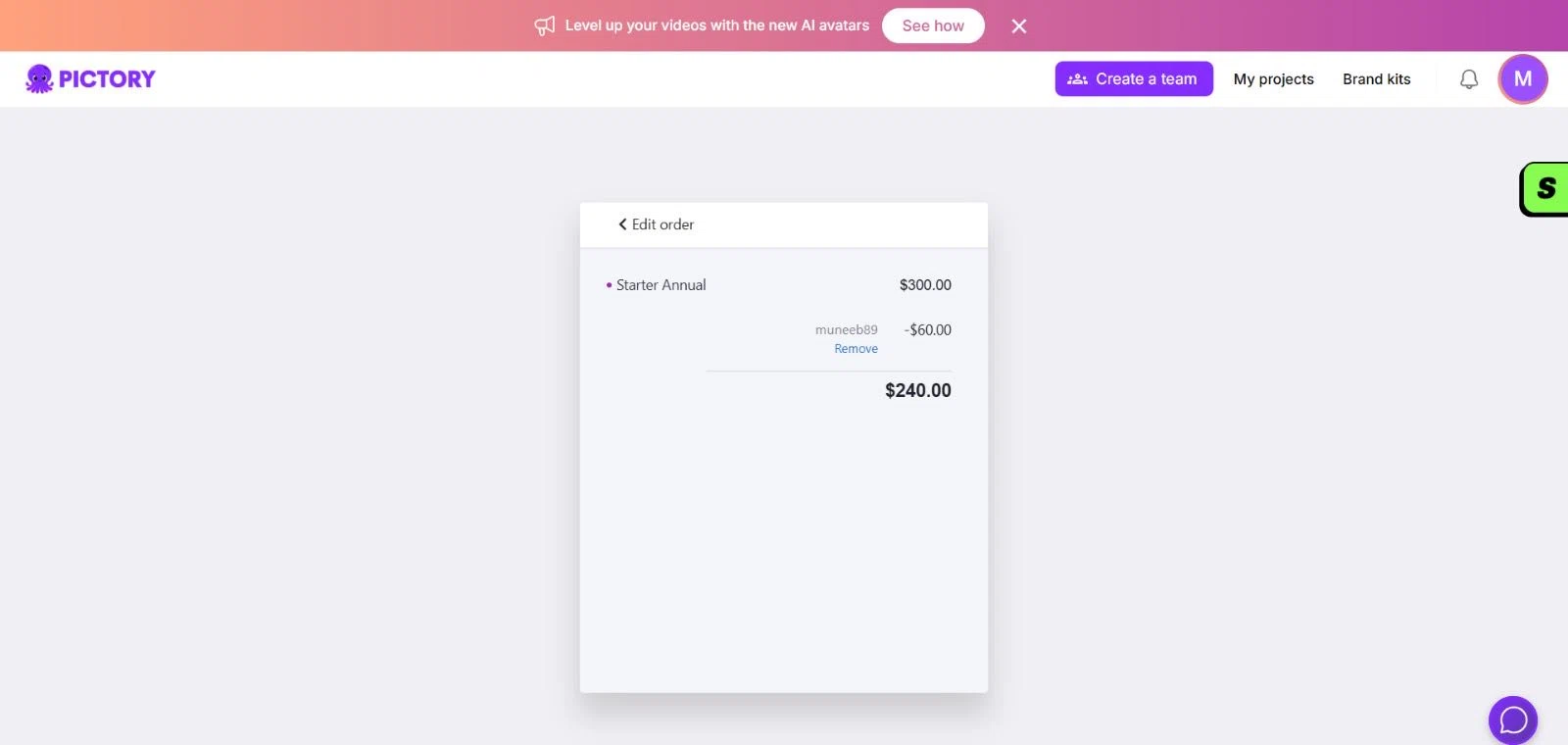 Pictory coupon code screenshot showing code muneeb89 applied at Pictory checkout page. Uploaded by SimplyCodes community member SmartMaestro6327 on Jan 31, 2026