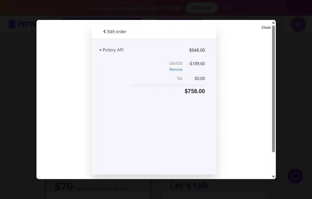 Pictory checkout page showing Pictory coupon code box | Screenshot taken by SimplyCodes community member on Feb 4, 2026