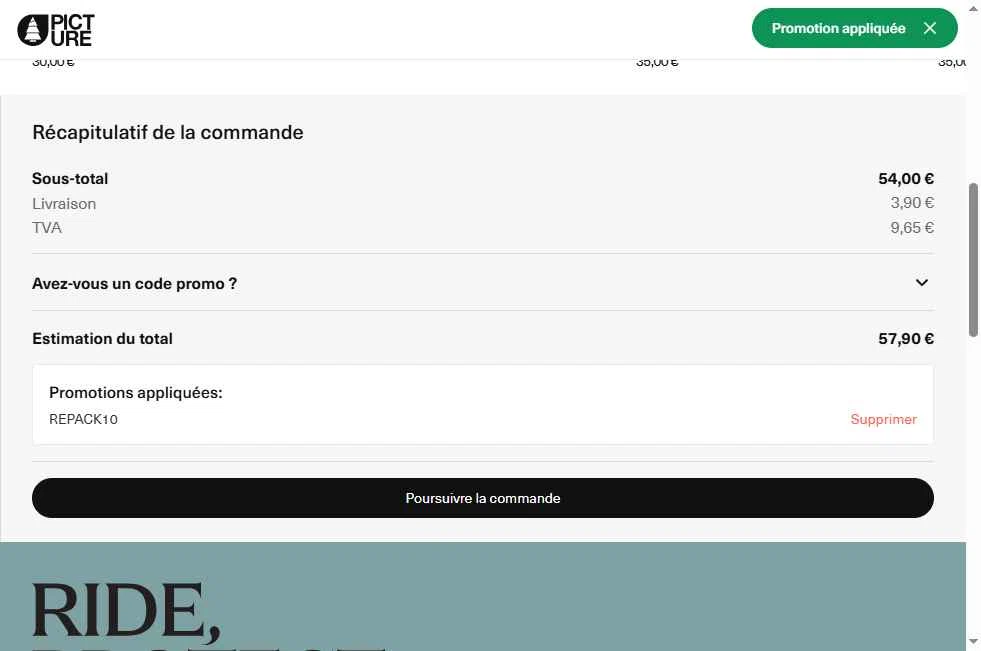 Picture Organic Clothing checkout page showing Picture Organic Clothing promo code box | Screenshot taken by SimplyCodes community member on Nov 1, 2025