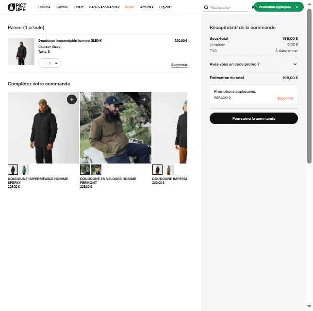 Picture Organic Clothing checkout page showing Picture Organic Clothing promo code box | Screenshot taken by SimplyCodes community member on Oct 2, 2025