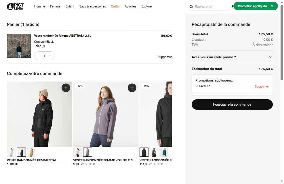 Picture Organic Clothing checkout page showing Picture Organic Clothing promo code box | Screenshot taken by SimplyCodes community member on Sep 26, 2025