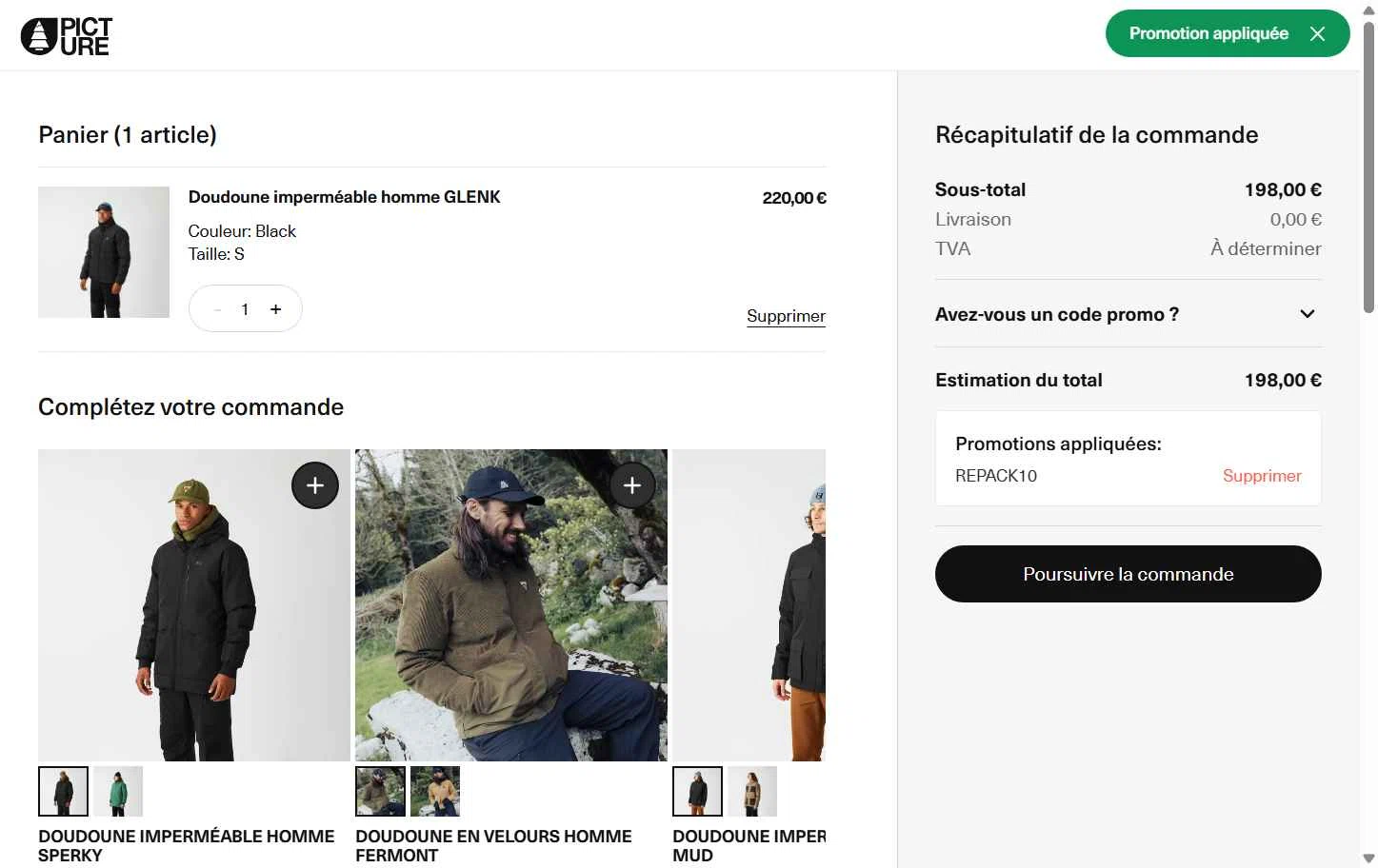 Picture Organic Clothing checkout page showing Picture Organic Clothing promo code box | Screenshot taken by SimplyCodes community member on Oct 2, 2025