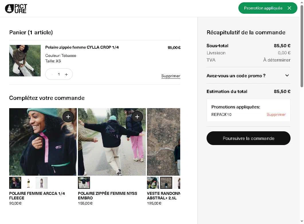 Picture Organic Clothing checkout page showing Picture Organic Clothing promo code box | Screenshot taken by SimplyCodes community member on Oct 2, 2025