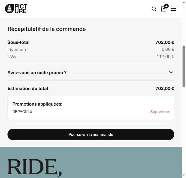 Picture Organic Clothing checkout page showing Picture Organic Clothing promo code box | Screenshot taken by SimplyCodes community member on Oct 2, 2025