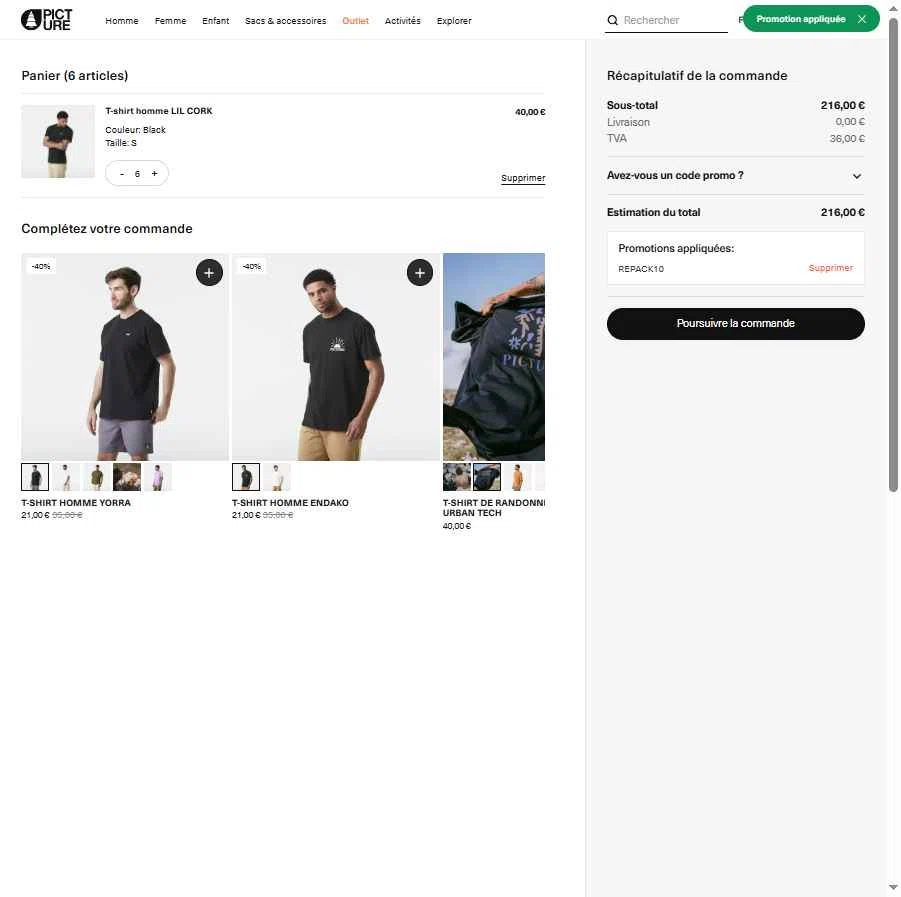 Picture Organic Clothing checkout page showing Picture Organic Clothing promo code box | Screenshot taken by SimplyCodes community member on Oct 2, 2025