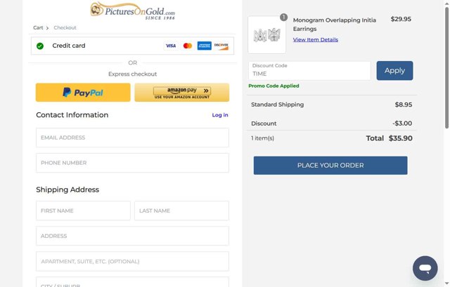 PicturesOnGold checkout page showing PicturesOnGold promo code box | Screenshot taken by SimplyCodes community member on Aug 12, 2025