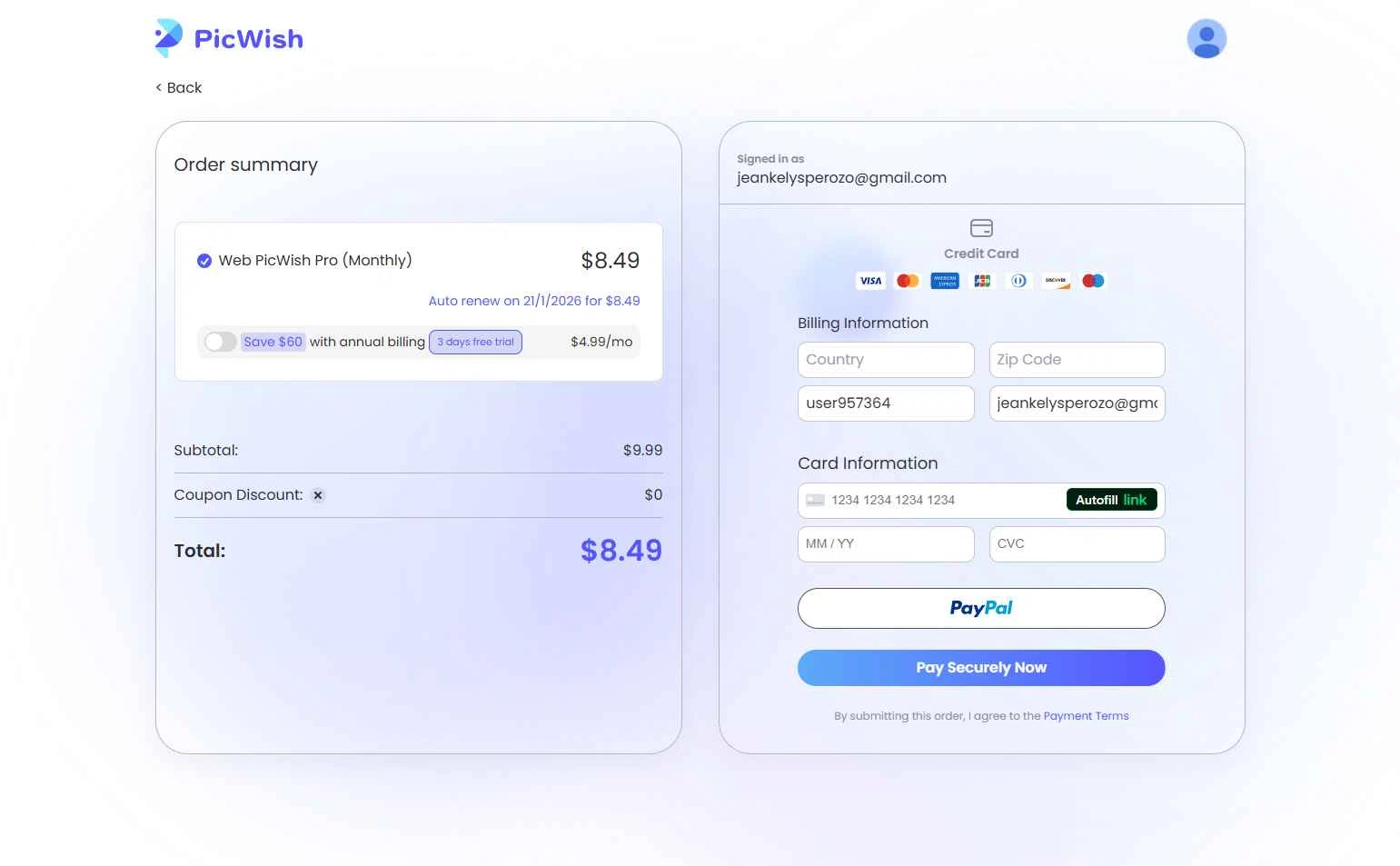 PicWish checkout page showing PicWish coupon code box | Screenshot taken by SimplyCodes community member on Dec 22, 2025