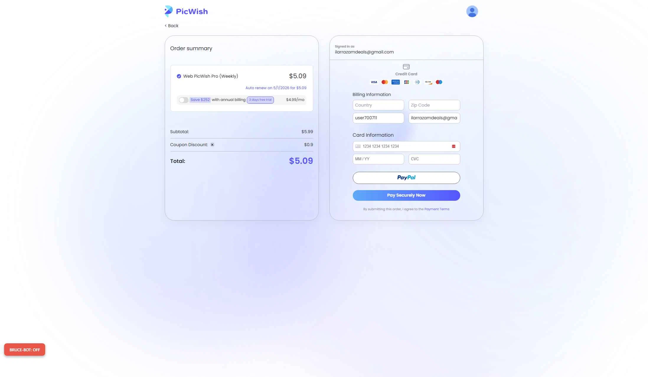 PicWish checkout page showing PicWish coupon code box | Screenshot taken by SimplyCodes community member on Dec 29, 2025