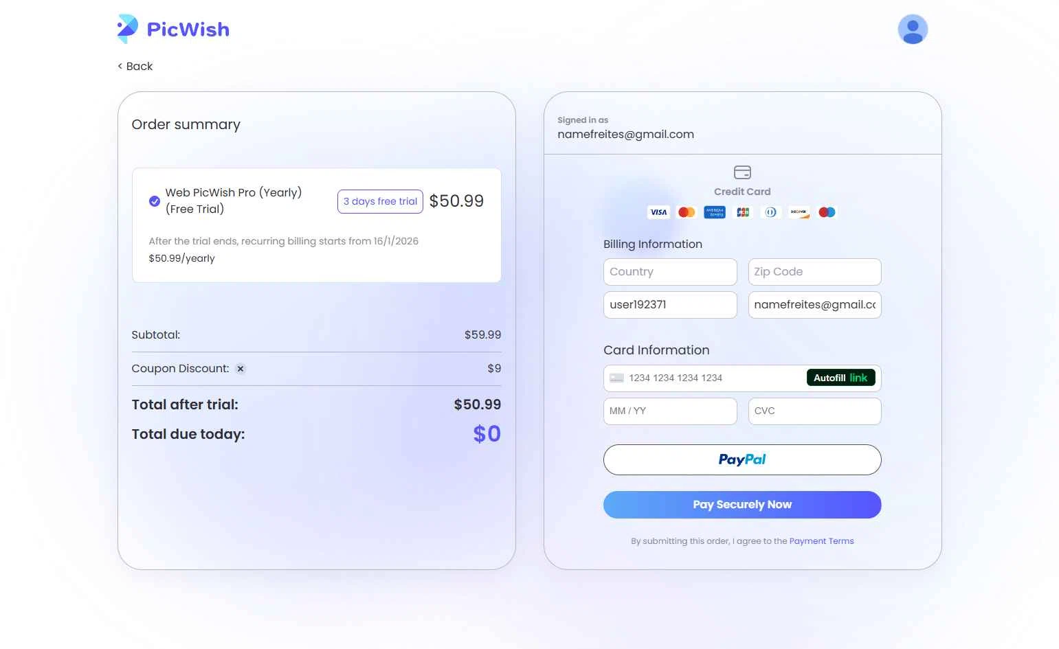 PicWish checkout page showing PicWish coupon code box | Screenshot taken by SimplyCodes community member on Jan 13, 2026