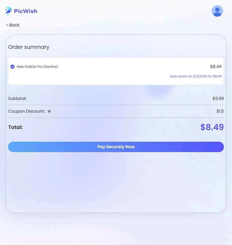 PicWish checkout page showing PicWish coupon code box | Screenshot taken by SimplyCodes community member on Feb 3, 2026