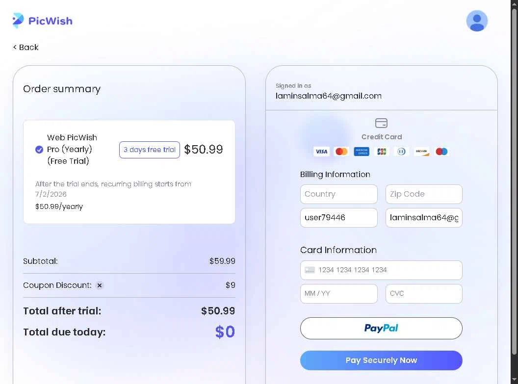 PicWish checkout page showing PicWish coupon code box | Screenshot taken by SimplyCodes community member on Feb 4, 2026