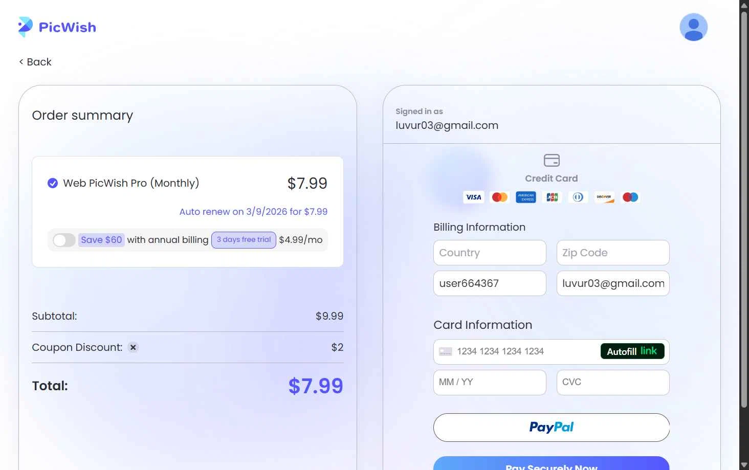 PicWish checkout page showing PicWish coupon code box | Screenshot taken by SimplyCodes community member on Feb 8, 2026