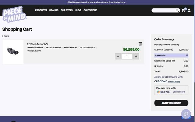 Piece of Mind checkout page showing Piece of Mind promo code box | Screenshot taken by SimplyCodes community member on Jul 21, 2025