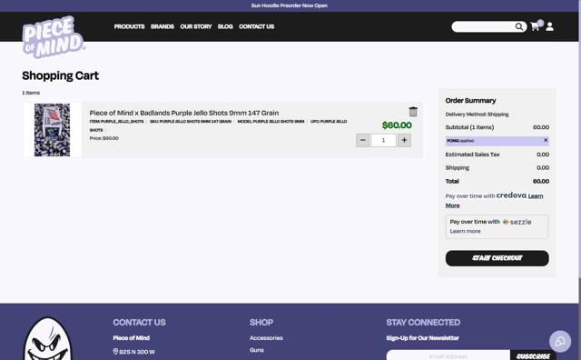 Piece of Mind checkout page showing Piece of Mind promo code box | Screenshot taken by SimplyCodes community member on Aug 19, 2025