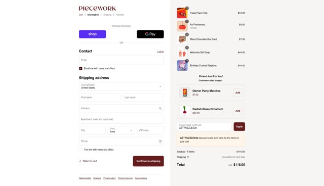 Piecework Puzzles checkout page showing Piecework Puzzles promo code box | Screenshot taken by SimplyCodes community member on Aug 31, 2025