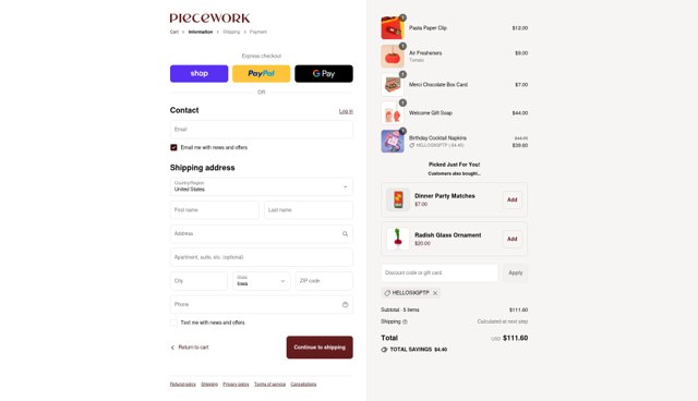 Piecework Puzzles checkout page showing Piecework Puzzles promo code box | Screenshot taken by SimplyCodes community member on Aug 31, 2025