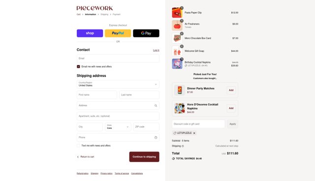 Piecework Puzzles checkout page showing Piecework Puzzles promo code box | Screenshot taken by SimplyCodes community member on Sep 4, 2025