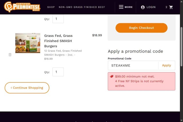 Piedmontese checkout page showing Piedmontese promo code box | Screenshot taken by SimplyCodes community member on Jul 30, 2025