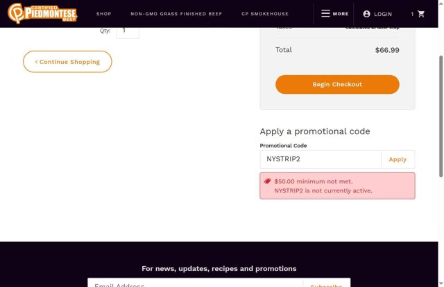 Piedmontese checkout page showing Piedmontese promo code box | Screenshot taken by SimplyCodes community member on Jul 30, 2025