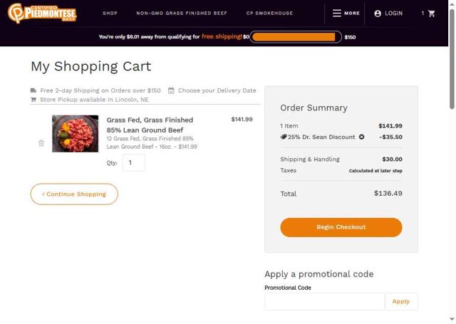 Piedmontese checkout page showing Piedmontese promo code box | Screenshot taken by SimplyCodes community member on Jul 15, 2025