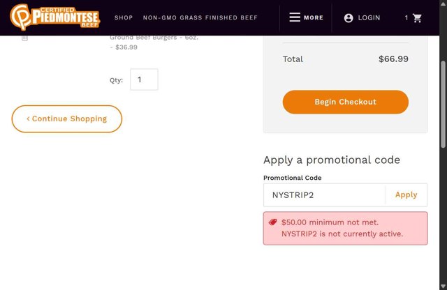 Piedmontese checkout page showing Piedmontese promo code box | Screenshot taken by SimplyCodes community member on Jul 30, 2025