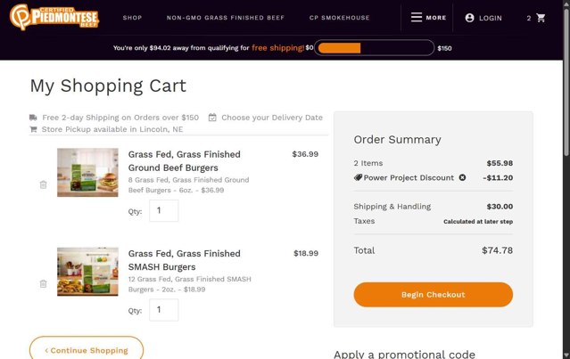 Piedmontese checkout page showing Piedmontese promo code box | Screenshot taken by SimplyCodes community member on Jul 14, 2025