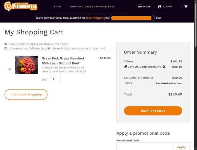 Piedmontese checkout page showing Piedmontese promo code box | Screenshot taken by SimplyCodes community member on Jul 30, 2025